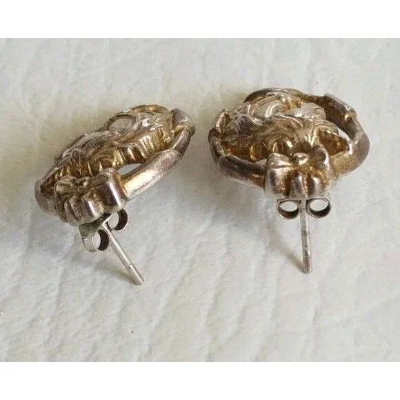 Vintage Gorham Sterling Silver Unicorn Ribbon Bow Earrings .75" 10g - Picture 3 of 7